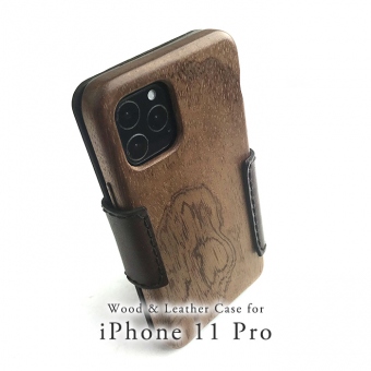 Apple iPhone 11 Pro 専用　木と革のデザインケース Book Type