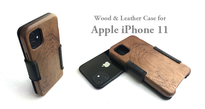 Apple iPhone 11 専用　木と革のデザインケース Book Type